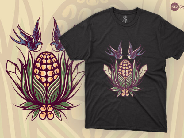 Corn and birds – retro illustration t shirt vector file