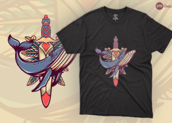 Whale And Sword Retro Illustration t shirt design for sale