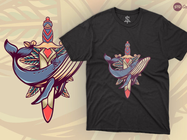 Whale and sword retro illustration t shirt design for sale