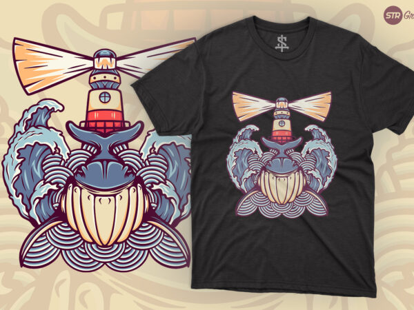Whale and lighthouse – retro illustration t shirt design for sale