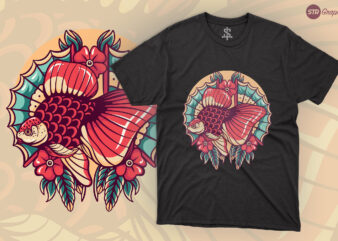 Golden Fish And Asian Fan – Retro Illustration t shirt design template