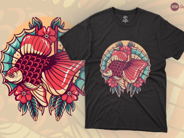 Golden fish and asian fan – retro illustration t shirt design template
