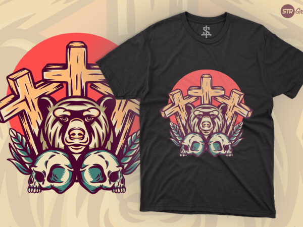 Bear and skull – retro illustration t shirt template