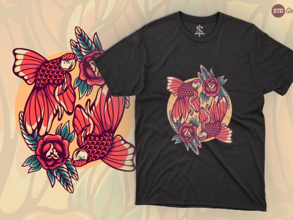 Twin golden fish – retro illustration t shirt designs for sale