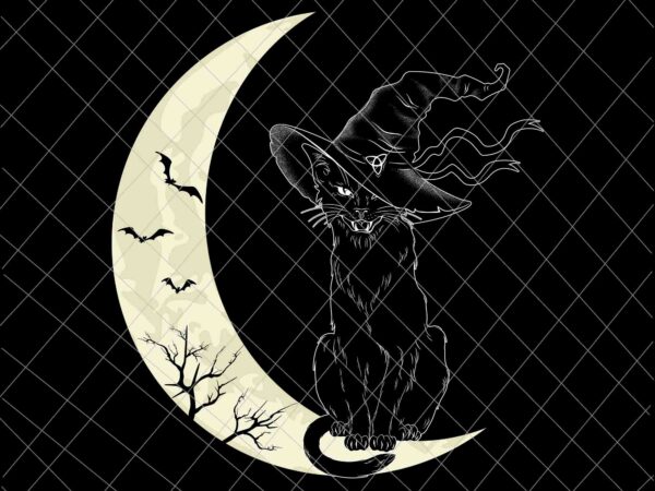 Moon halloween scary black cat svg, black cat witch hat halloween svg, black cat halloween svg, cat witch svg t shirt designs for sale