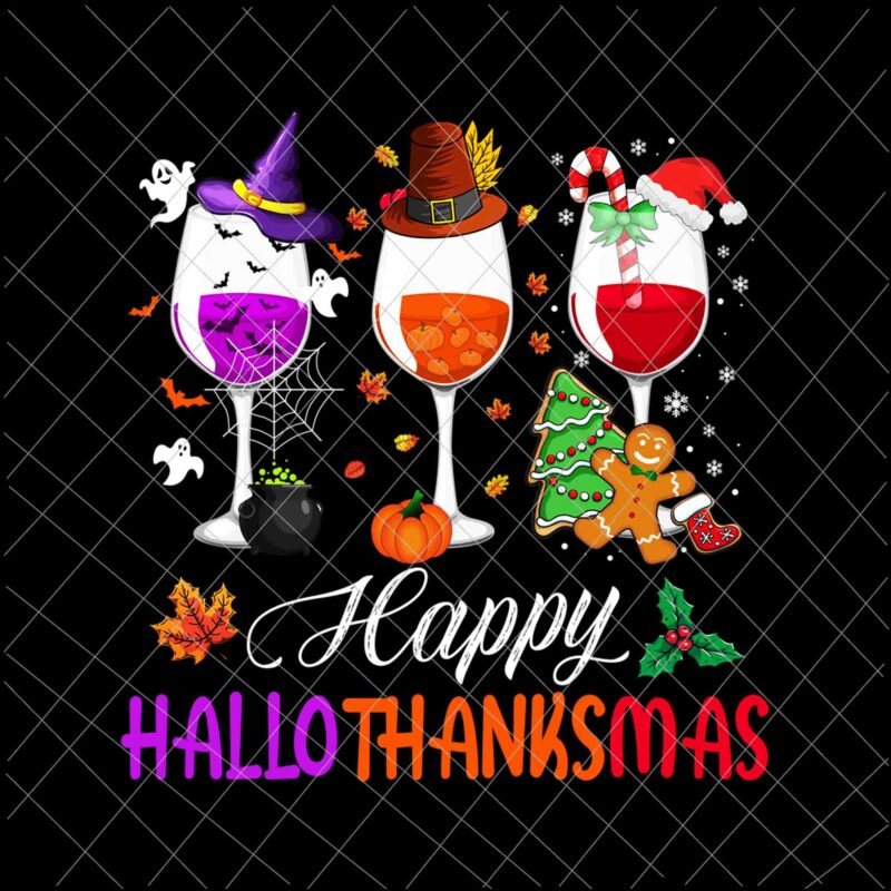 Happy Hallothanksmas Wine Glasses Png, Wine Halloween Thanksgiving Png, Hallothanksmas Wine Png