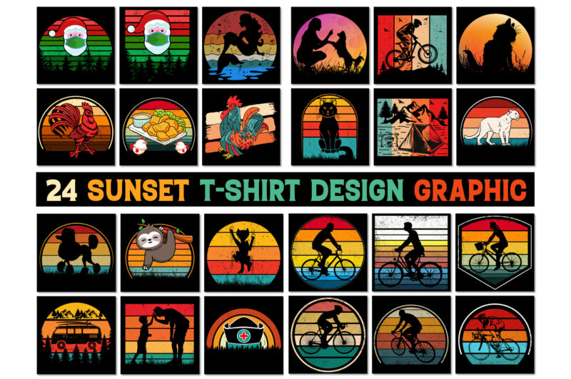 Vintage Sunset T-Shirt Design Colorful Graphic Background Vector Bundle