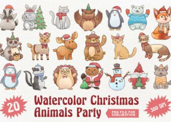 Watercolor Christmas Animals Party PNG Sublimation Clipart, Christmas animals, Christmas png, christmas sublimation bundle t shirt design for sale