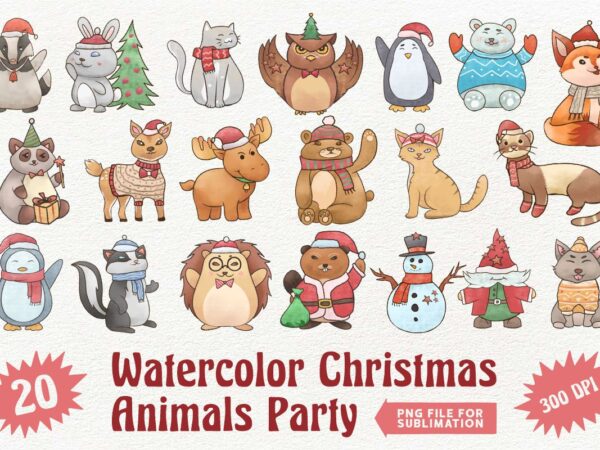 Watercolor christmas animals party png sublimation clipart, christmas animals, christmas png, christmas sublimation bundle t shirt design for sale