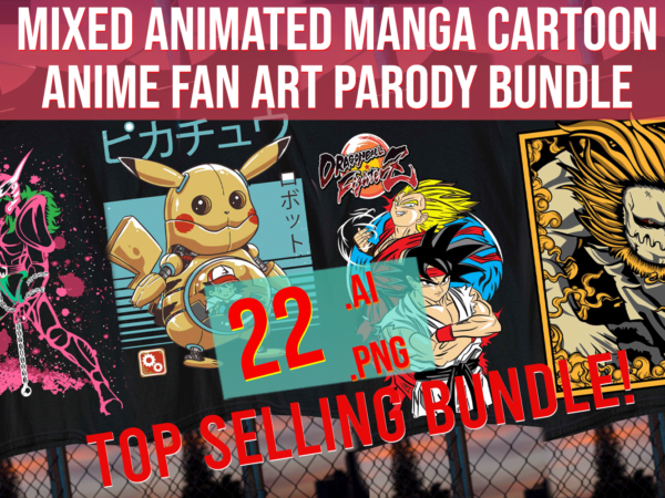 Mixed animated manga cartoon anime fan art parody bundle t shirt designs for sale