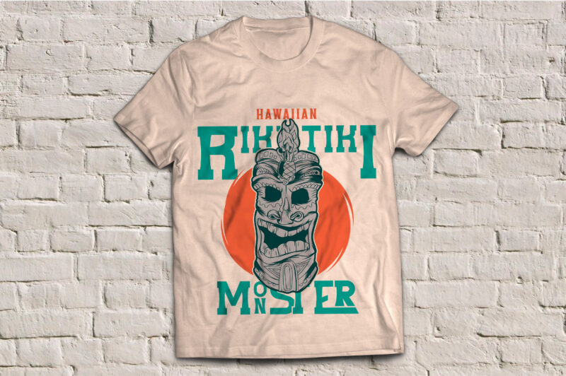 Hawaiian tiki mask with a phrase ‘Riki tiki monster’, t-shirt design