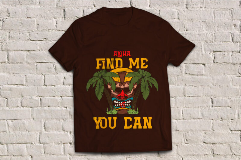 Hawaiian tiki mask with a phrase ‘Find me if you can’