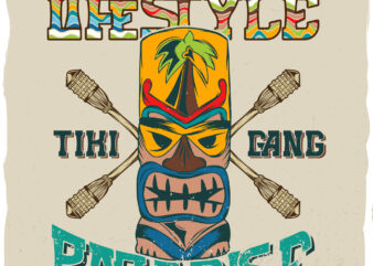 Hawaiian tiki mask with a phrase ‘Hawaiian lifestyle, paradise’