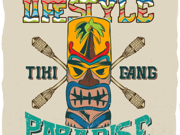 Hawaiian tiki mask with a phrase ‘hawaiian lifestyle, paradise’ graphic t shirt