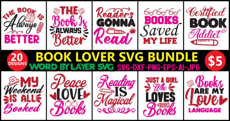 Book Lover SVG Bundle, Book SVG, Reading SVG Bundle, Book Quotes, Library Svg, Png Dxf Pdf, Cut Files for Cricut, Silhouette,Book Lover Svg Bundle, Bookish Svg, Reading Svg, Svg Bundle,