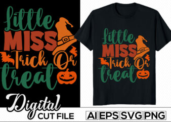 little miss trick or treat typography retro lettering design, halloween t shirt design