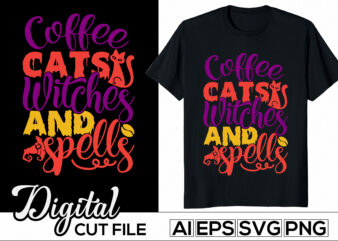coffee cats witches and spells, animals wildlife, spells coffee and cats tee template, halloween monster holiday party celebration card