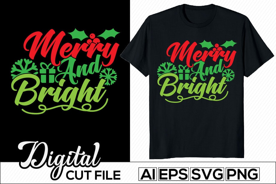 merry and bright typography t shirt template, christmas bright graphic ...
