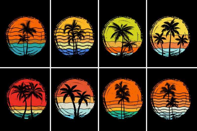 Beach Palm Tree Sunset Retro Vintage T-Shirt Graphic