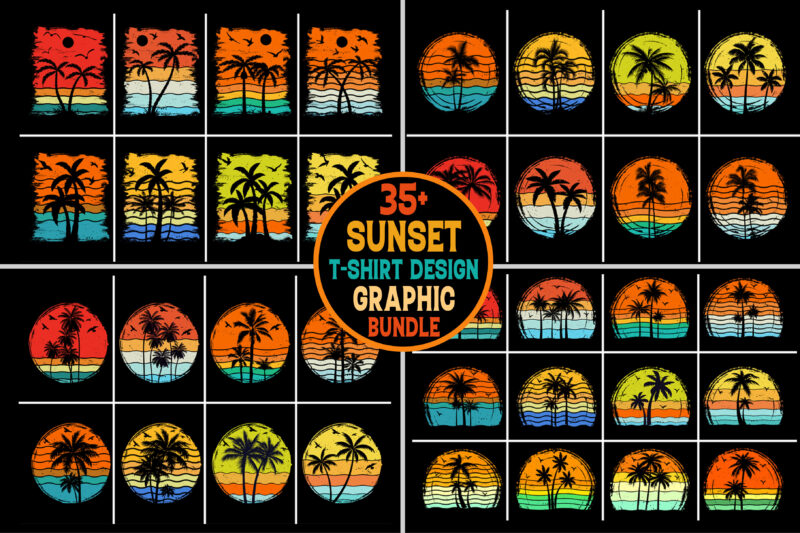 Beach Palm Tree Sunset Retro Vintage T-Shirt Graphic