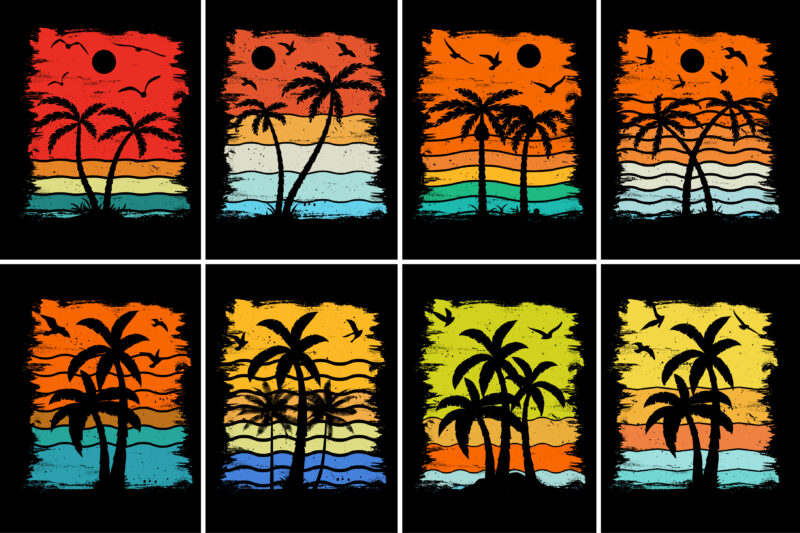 Beach Palm Tree Sunset Retro Vintage T-Shirt Graphic