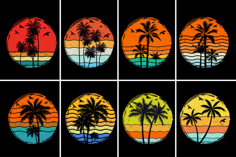 Beach Palm Tree Sunset Retro Vintage T-Shirt Graphic