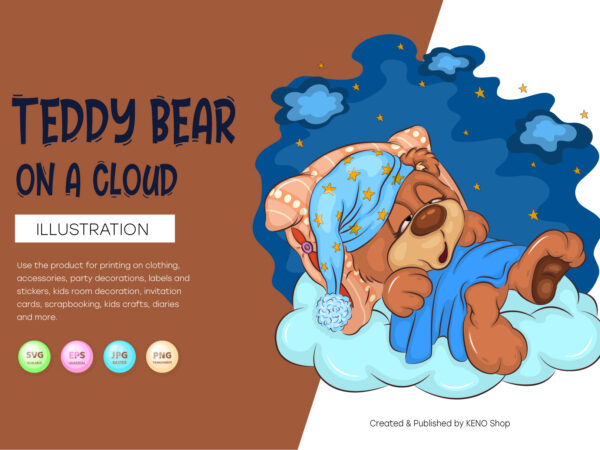 Cartoon teddy bear on a cloud. t-shirt, png, svg.