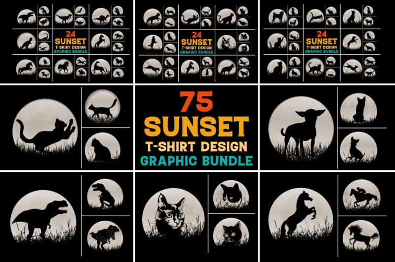 Cat Dog Dinosaur Horse Sunset T-Shirt Graphic Vector