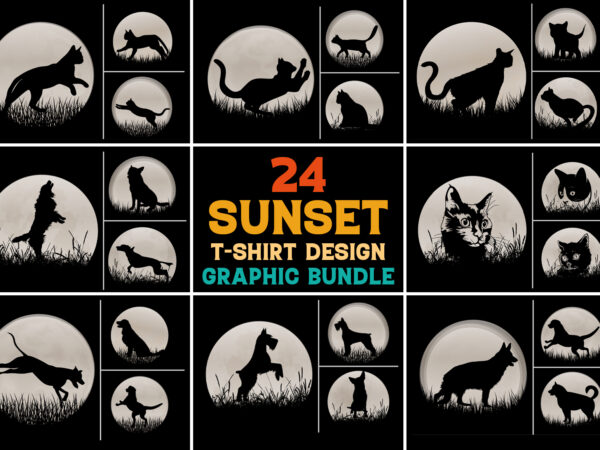Cat dog sunset graphic background for t-shirt design