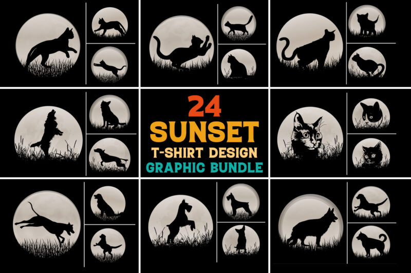 Cat Dog Sunset Graphic Background for T-Shirt Design