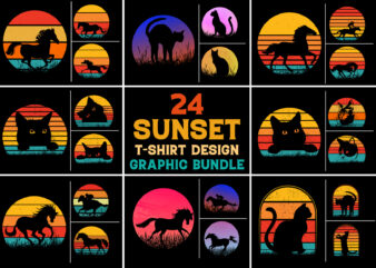 Cat Horse Retro Vintage Sunset T-Shirt Design Graphic Background Bundle