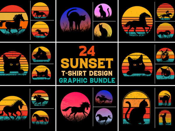 Cat horse retro vintage sunset t-shirt design graphic background bundle