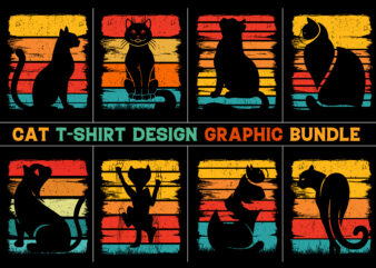 Cat Retro Vintage Sunset T-Shirt Design Graphic Background Bundle