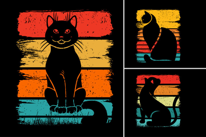 Cat Retro Vintage Sunset T-Shirt Design Graphic Background Bundle