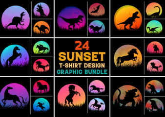 Dinosaur Horse Sunset T-Shirt Design Graphic Background Bundle