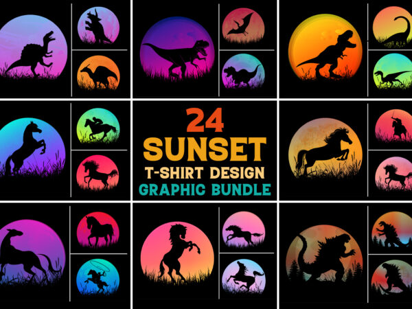 Dinosaur horse sunset t-shirt design graphic background bundle