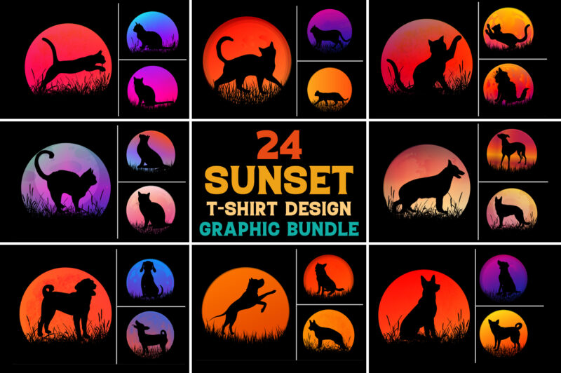 t-shirt vector Dog Cat Sunset T-Shirt Design Graphic Background Bundle