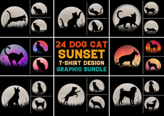 Dog Cat Sunset T-Shirt Design Graphic Bundle