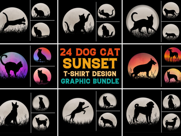 Dog cat sunset t-shirt design graphic bundle