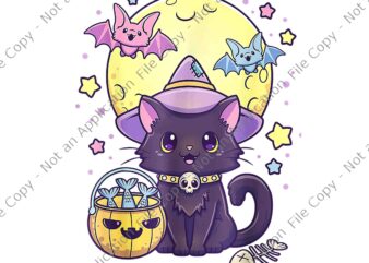 Kawaii Pastel Goth Cute Creepy Halloween Black Cat Witch Hat Png, Kawaii Black Cat Witch Hat Png, Black Cat Witch Halloween Png t shirt vector art