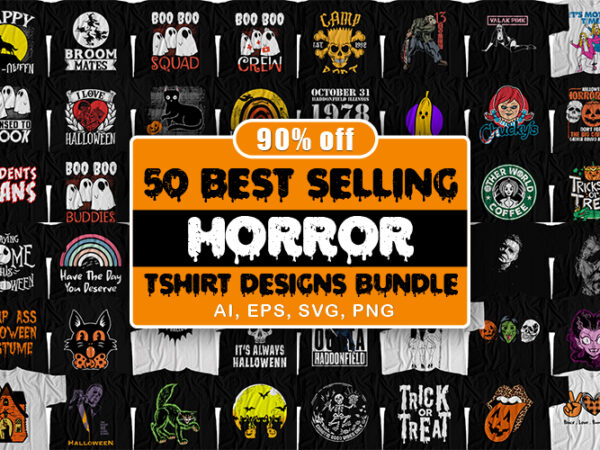 50 best selling halloween and horror t-shirt design bundle for commercial use