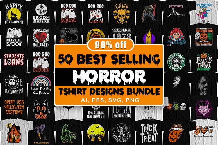 50 Best Selling Halloween and Horror T-Shirt Design Bundle For Commercial Use