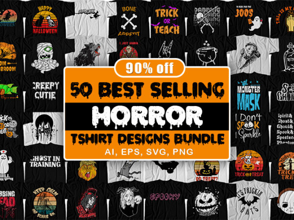 50 best selling halloween and horror t-shirt design bundle for commercial use