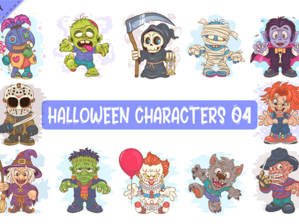 Bundle of halloween characters 04. clipart. t shirt template