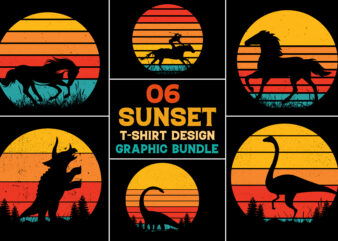 Horse Dinosaur Retro Vintage Sunset T-Shirt Design Graphic Background Bundle