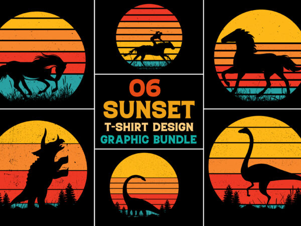 Horse dinosaur retro vintage sunset t-shirt design graphic background bundle