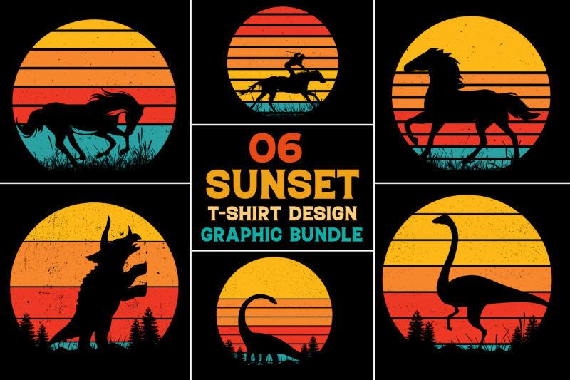 Horse Dinosaur Retro Vintage Sunset T-Shirt Design Graphic Background Bundle