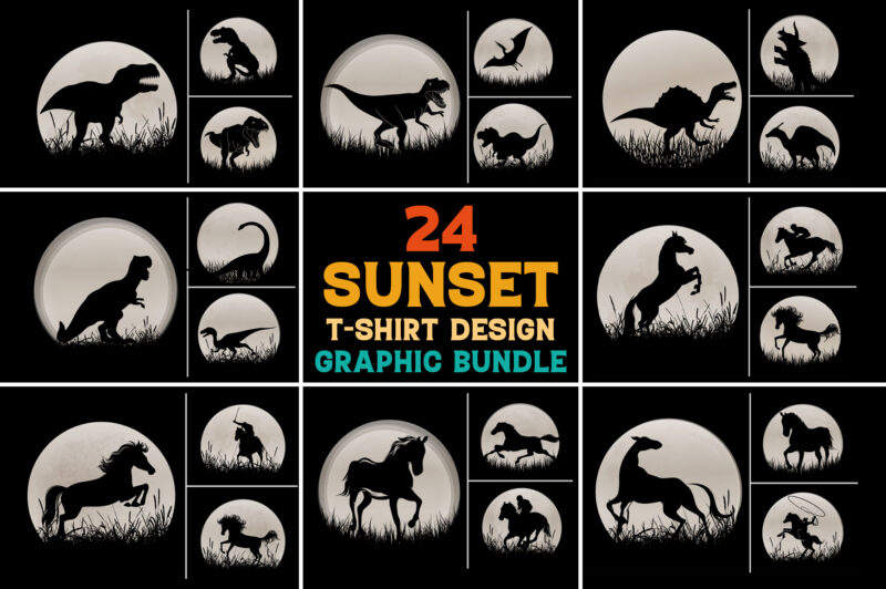 Cat Dog Dinosaur Horse Sunset T-Shirt Graphic Vector