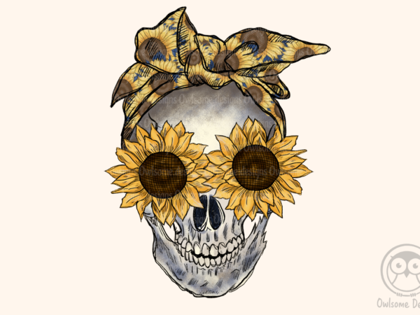 Messy bun sunflower skull sublimation design