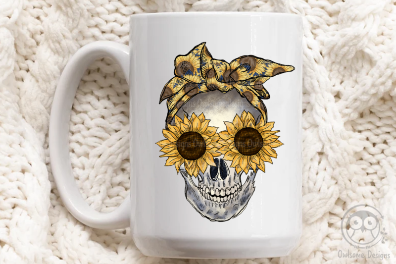 Messy Bun Sunflower Skull Sublimation Design